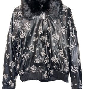 Michael Kors size MFloral Black Jacket with Faux Fur Collar